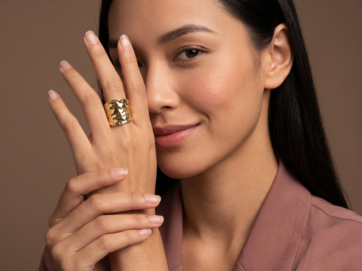 Hammered 18kt Gold Plated Foil-like Open Band Statement Adjustable Ring