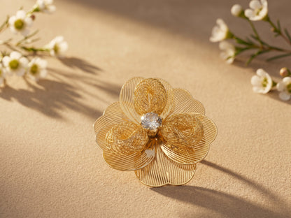 Sculptural Mesh Floral 18kt Gold Plated Zircon Statement Adjustable Ring