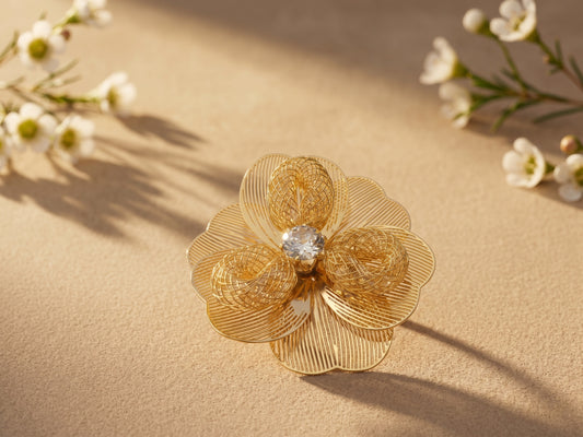 Sculptural Mesh Floral 18kt Gold Plated Zircon Statement Adjustable Ring