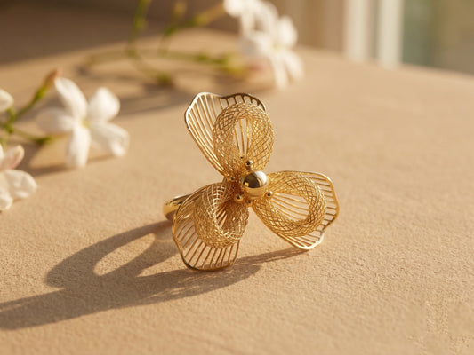 Gold 18kt Plated Mesh Wire Bloom Flower Open Statement Adjustable Ring