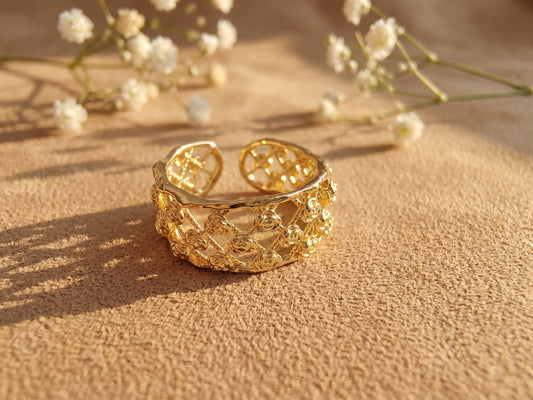 Filigree Rose Mesh Pattern 18kt Gold Plated Open Band Adjustable Ring