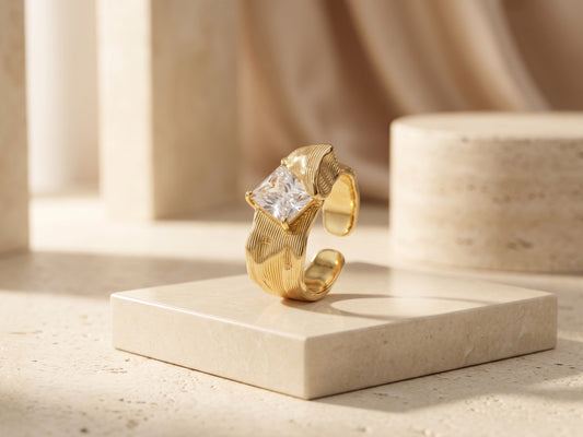 Textured Solitaire Square Zircon 18kt Gold Plated Statement Adjustable Ring