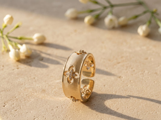 Intricate Floral Cutout Zircon Wide Band Adjustable Ring