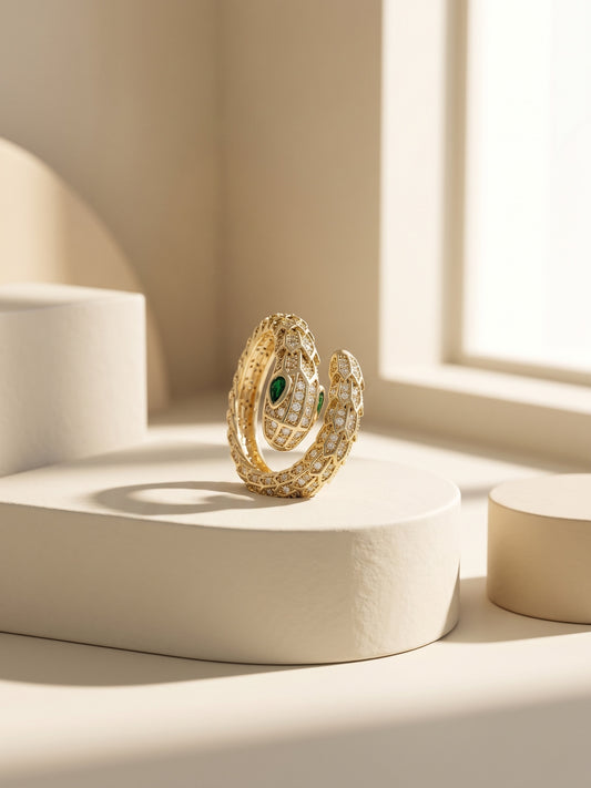 Emerald Eye Snake Zircon Wrap Statement 18kt Gold Plated Adjustable Ring