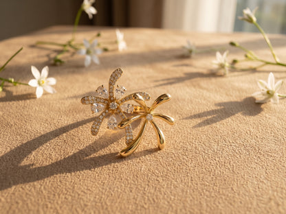 Dual Radiant Floral Zircon Statement 18kt Gold Plated Adjustable Ring