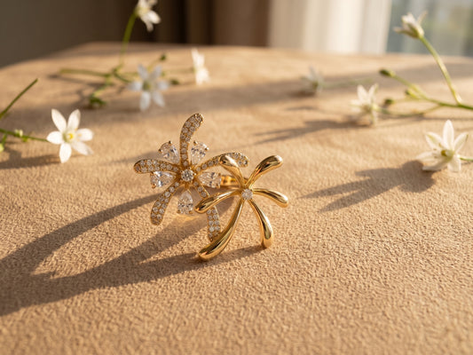 Dual Radiant Floral Zircon Statement 18kt Gold Plated Adjustable Ring