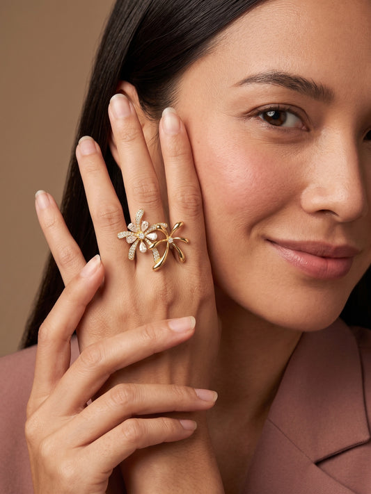 Dual Radiant Floral Zircon Statement 18kt Gold Plated Adjustable Ring