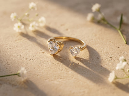 Dual Heart Open Band Zircon Solitaire 18kt Gold Plated Adjustable Ring